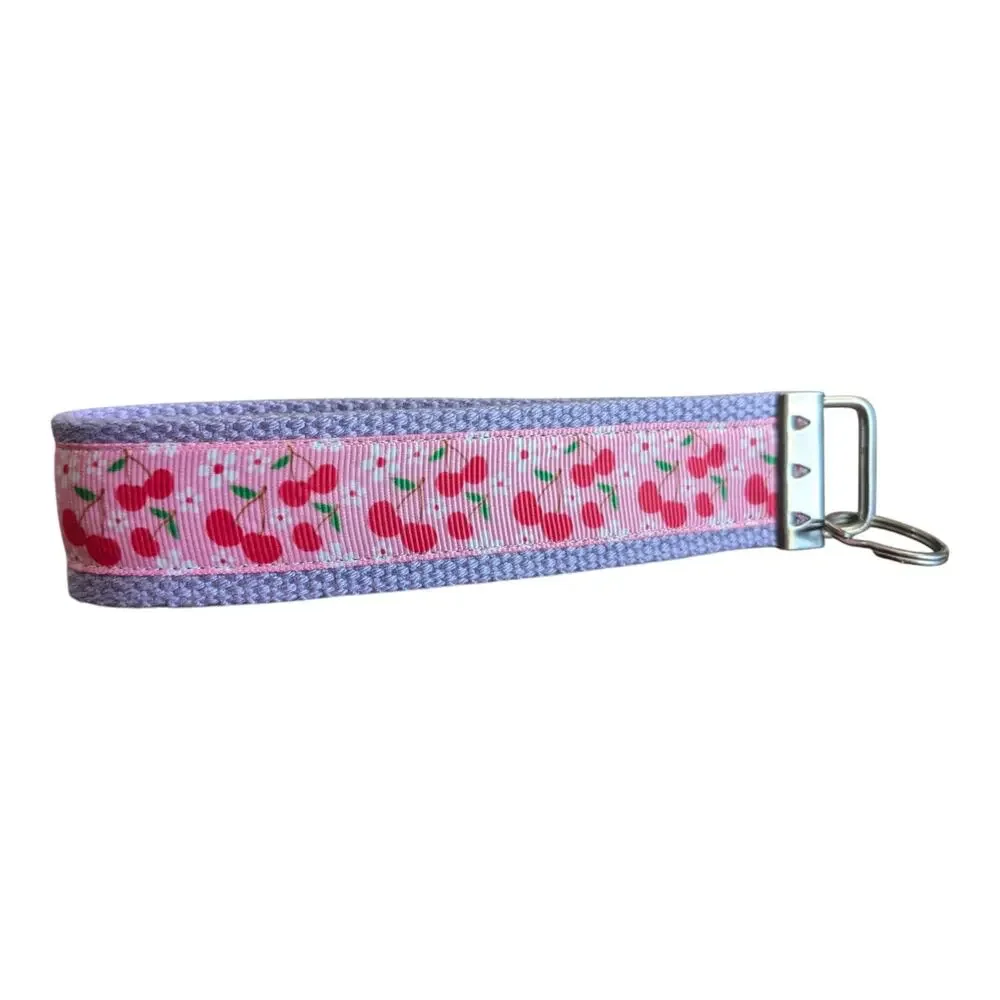 Cherry Keychain Wristlet Handmade Key FOB Cherries Floral Pink Purple Fruit Gift